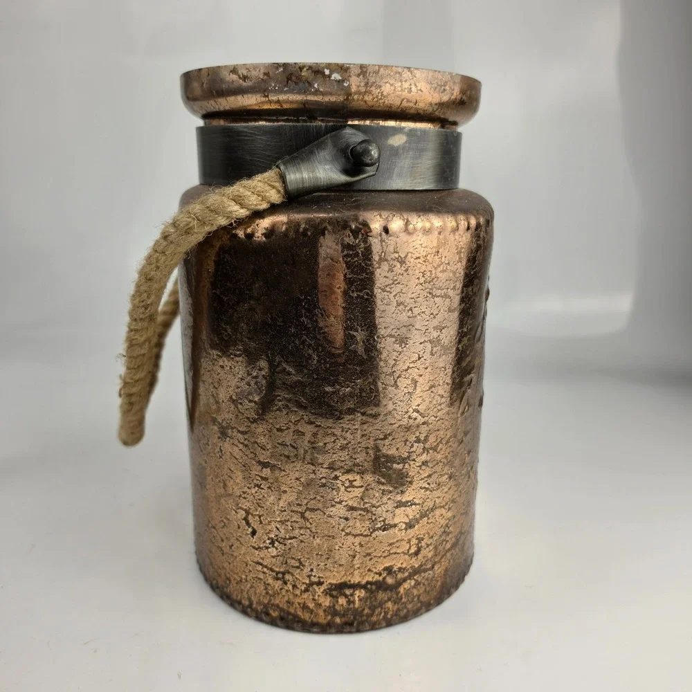 Large Embossed Copper‎ Painted Glass Candle Holder Jar Rope Handle Boho Decor